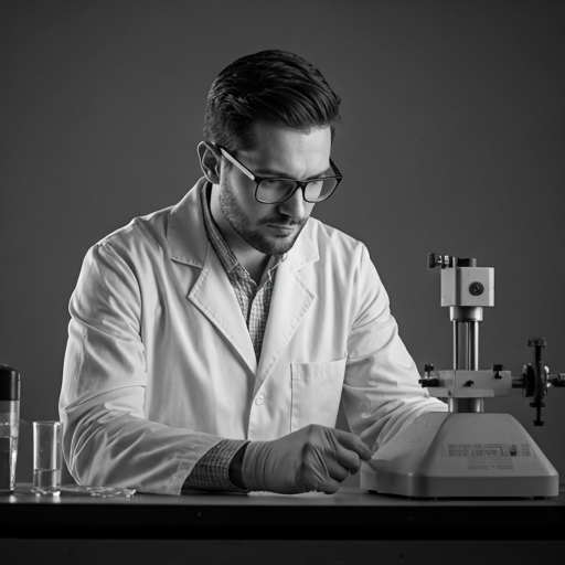 Black and white high-contrast image of a laboratory metrologist working with precision equipment