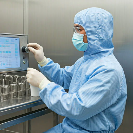 Technician in PPE working in pharmaceutical clean room with calibration equipment