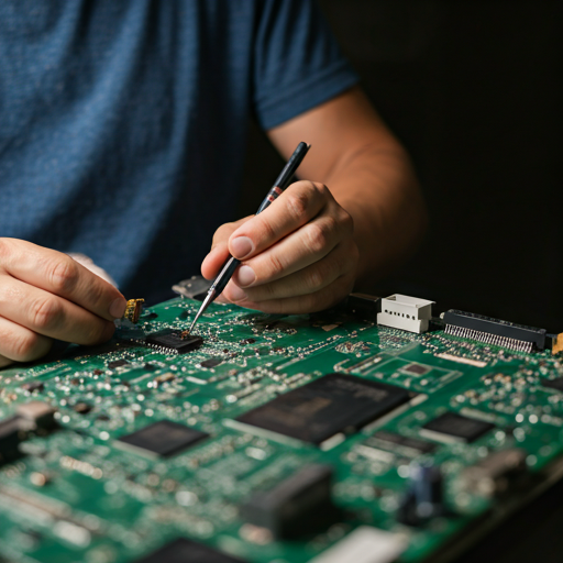 Technician repairing electronic circuit board on weighing instrument