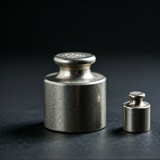 Detailed close-up of vintage high-precision calibration weights on a black background